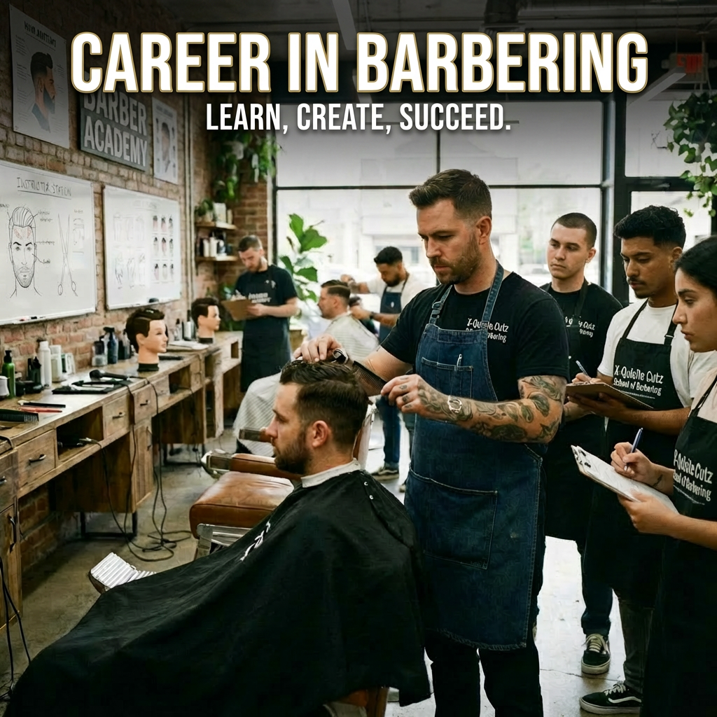 Tattooed barber in a denim apron cutting hair in a modern, industrial-style barbershop.