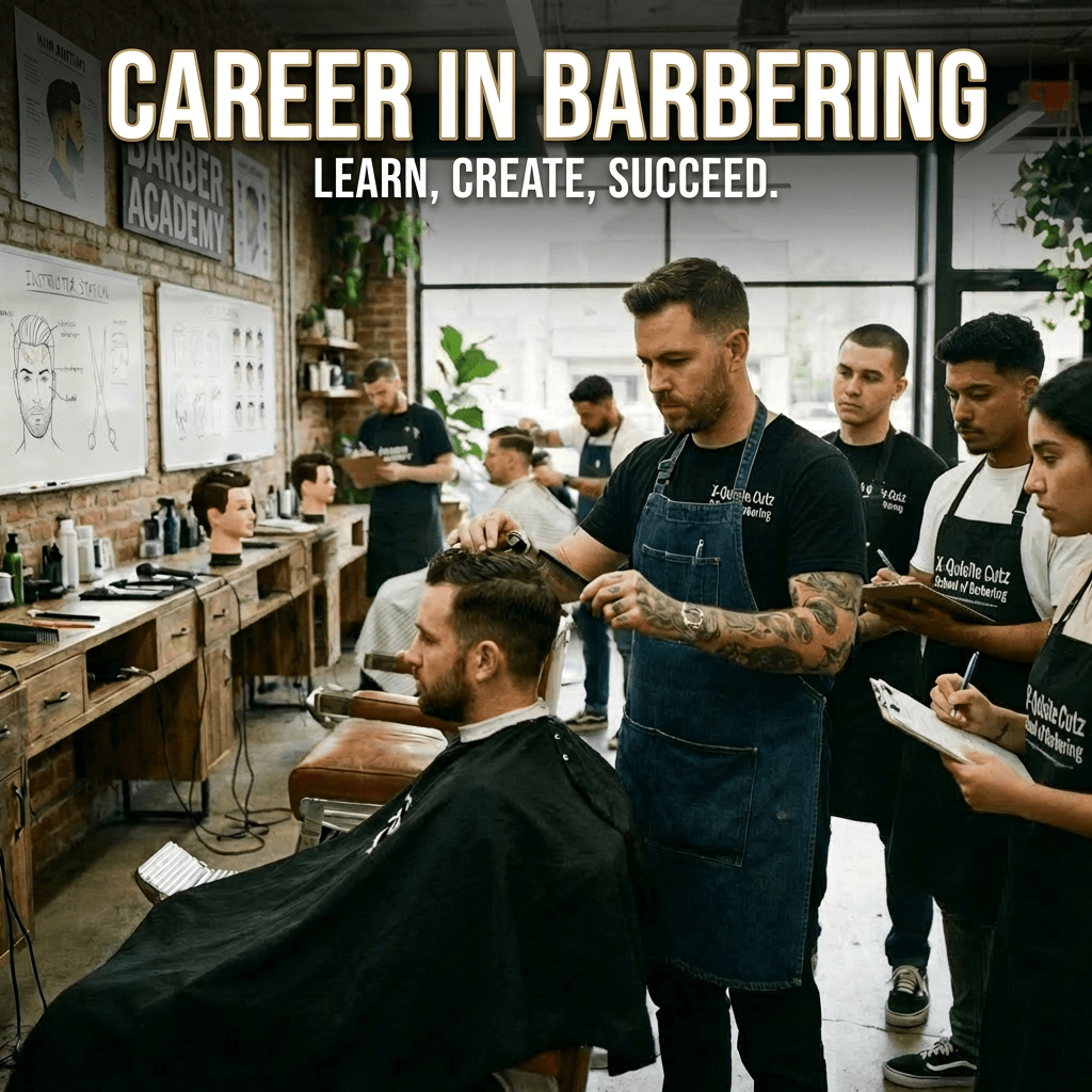 Tattooed barber in a denim apron cutting hair in a modern, industrial-style barbershop.